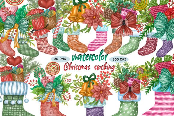 Download Watercolor Christmas Stocking (Clipart) - Premium Bundle